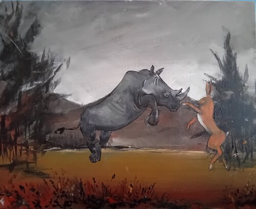 Rogue Rhino VS Boxing Hare van Enver Gürsev, Schilderij te koop op Singulart