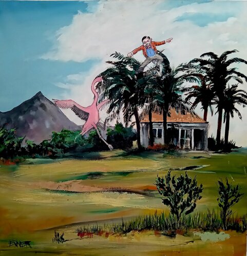 Kung Fu Dummy Vs. Pink Flamingo von Enver Gürsev, Malerei kaufen auf Singulart