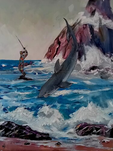 Great White VS Fishing Harlequin. by Enver Gürsev, Painting for Sale on Singulart