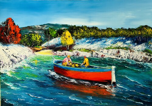 Pêcheurs dans la calanque van Alain Garcia, Schilderij te koop op Singulart