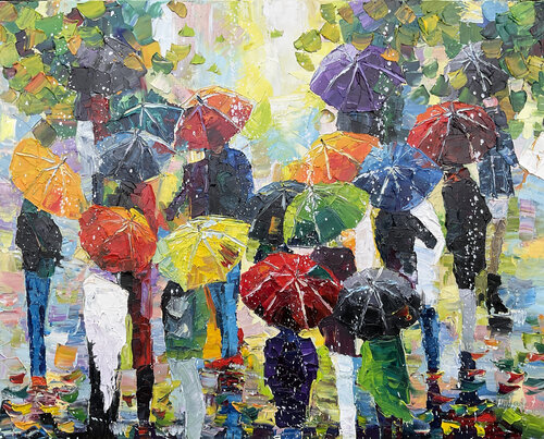 Abstract oil painting Umbrellas II by Mariia Hyhar, Painting for Sale on Singulart