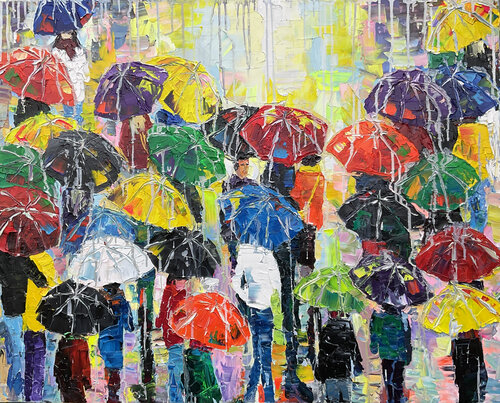 Abstract oil painting Umbrellas par Mariia Hyhar, Peinture en vente sur Singulart