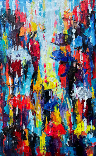 Bright umbrellas. Lady in pink de Mariia Hyhar, Pintura a la venta en Singulart