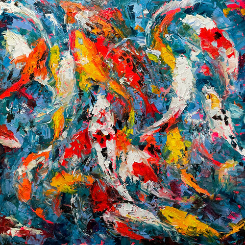 Vivid koi in blue water van Mariia Hyhar, Schilderij te koop op Singulart