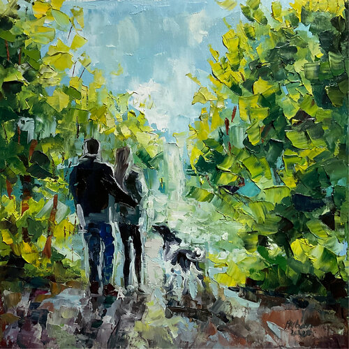 Walking with dog. Spring von Mariia Hyhar, Malerei kaufen auf Singulart