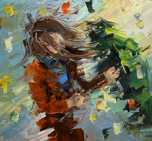 Green umbrella.  Windy day di Mariia Hyhar, Pittura in vendita su Singulart