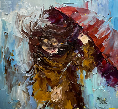 Red umbrella.  Windy day von Mariia Hyhar, Malerei kaufen auf Singulart