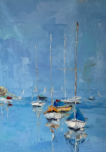 White boats. Calm mood von Mariia Hyhar, Malerei kaufen auf Singulart