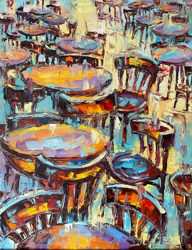 Outside cafe after rain. Pastel mood di Mariia Hyhar, Pittura in vendita su Singulart