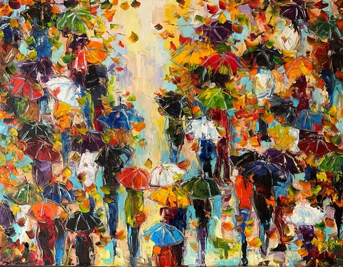 Abstract oil painting ‘Autumn . Umbrellas. Sunny day van Mariia Hyhar, Schilderij te koop op Singulart