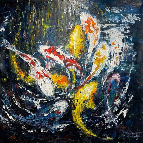 Koi. Dark blue water. de Mariia Hyhar, Pintura a la venta en Singulart