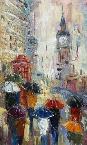 London umbrellas. Pastel mood van Mariia Hyhar, Schilderij te koop op Singulart