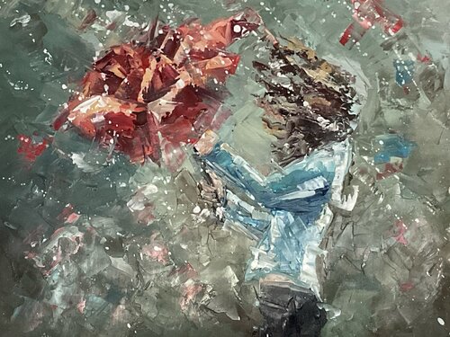 Red umbrella. Grey day von Mariia Hyhar, Malerei kaufen auf Singulart