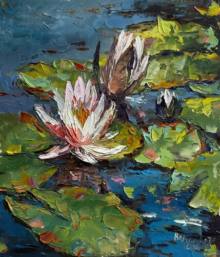 Light Water lilies. Blue water van Mariia Hyhar, Schilderij te koop op Singulart