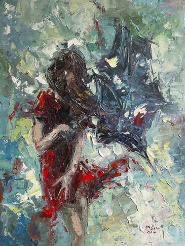 Red dress. Rainy day par Mariia Hyhar, Peinture en vente sur Singulart