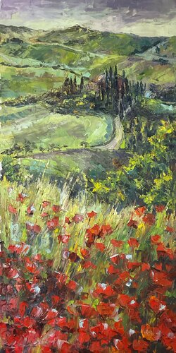 Impressionistic paintings of nature "Poppies of Tuscany. Before the rain." van Mariia Hyhar, Schilderij te koop op Singulart