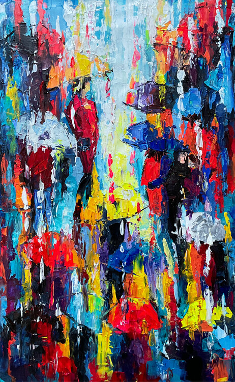 Bright umbrellas. Lady in pink Mariia Hyhar