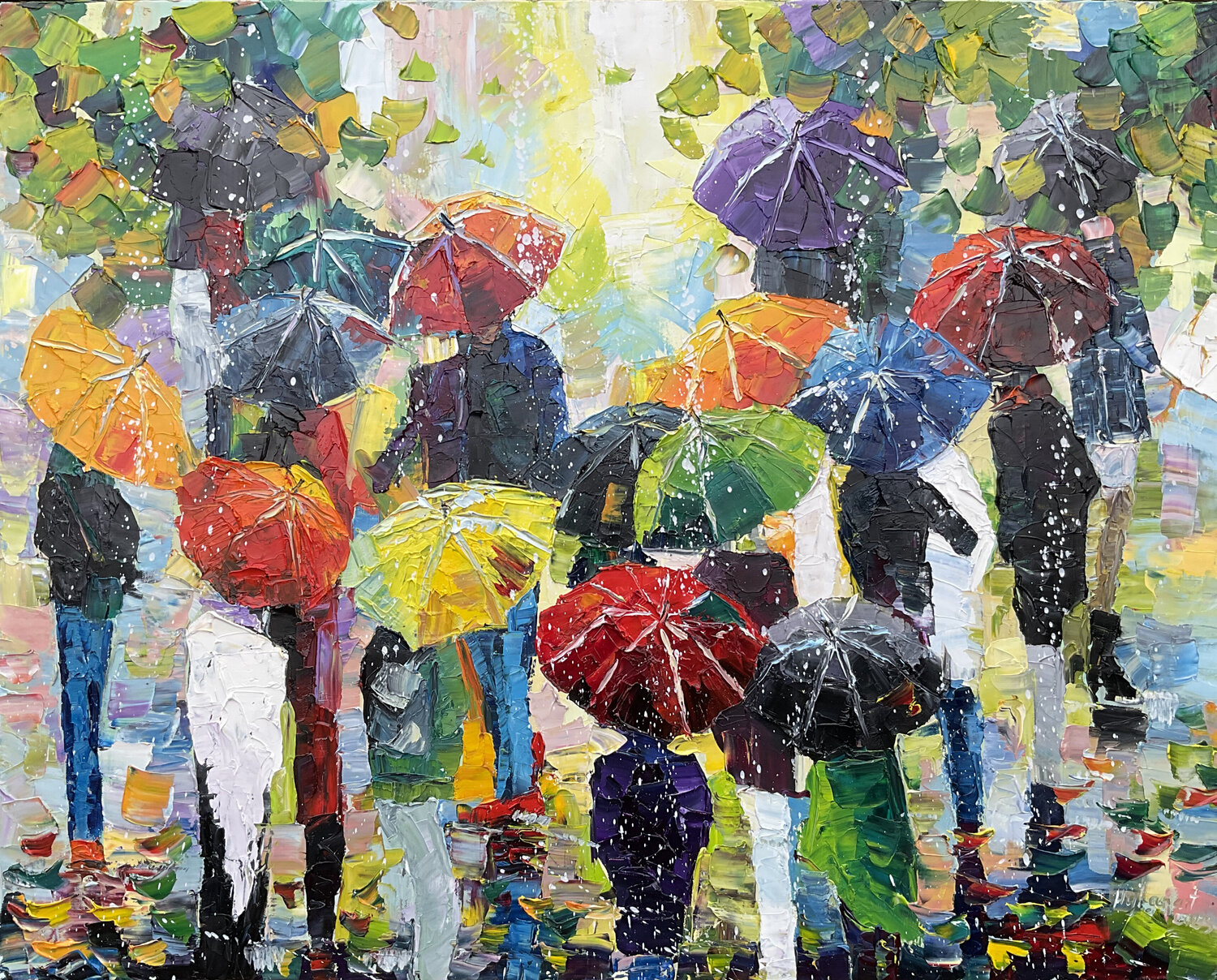 Abstract oil painting Umbrellas II Mariia Hyhar Originalgemälde zu verkaufen