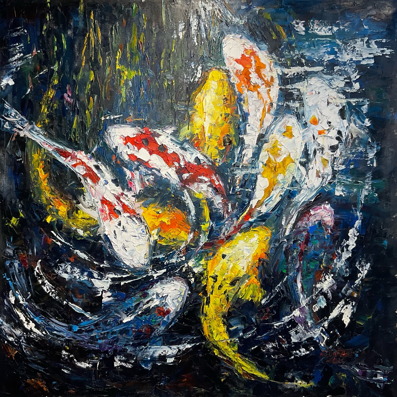Koi. Dark blue water. Mariia Hyhar