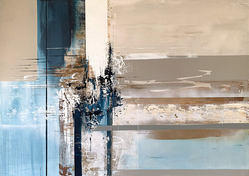 The Beach. Large abstract warm beige blue navi caramel geometry artwork. Tatiana Malinovscaia