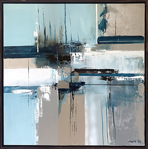 Mistery city. Gray blue geometrical abstraction. Lines of Time Painting framed by Tatiana Malinovscaia, Painting for Sale on Singulart