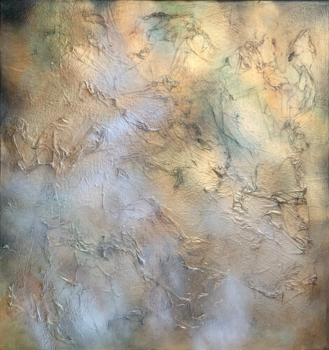 Golden Planet. Textured artwork with white and green shades van Tatiana Malinovscaia, Schilderij te koop op Singulart