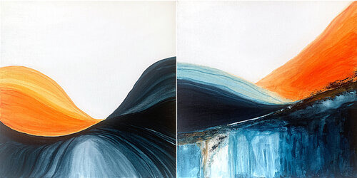 Orange Blue White abstract landscape set de Tatiana Malinovscaia, Pintura a la venta en Singulart