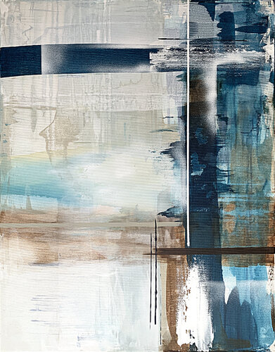 Brown white blue old contrasts and fluid geometric shapes II par Tatiana Malinovscaia, Peinture en vente sur Singulart