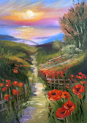 Summer Sigh. Lanscape with red poppies par Tatiana Malinovscaia, Peinture en vente sur Singulart