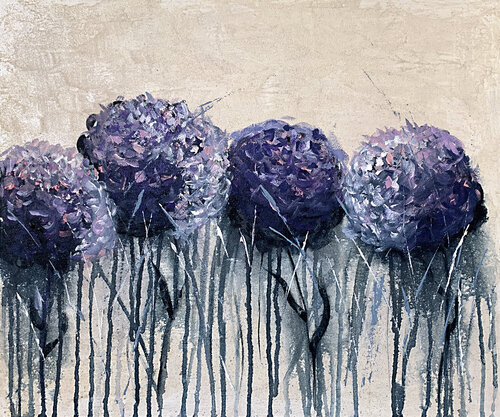 Original painting abstract purple flowers. Hydrangeas on Iridescent Background von Tatiana Malinovscaia, Malerei kaufen auf Singulart