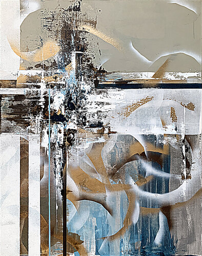 Convergence of Elements. Abstract Blue Gold and Brown Tones. van Tatiana Malinovscaia, Schilderij te koop op Singulart