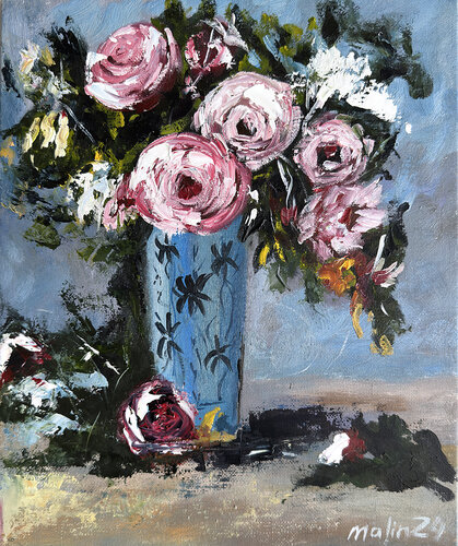 Roses in a Blue Vase par Tatiana Malinovscaia, Peinture en vente sur Singulart
