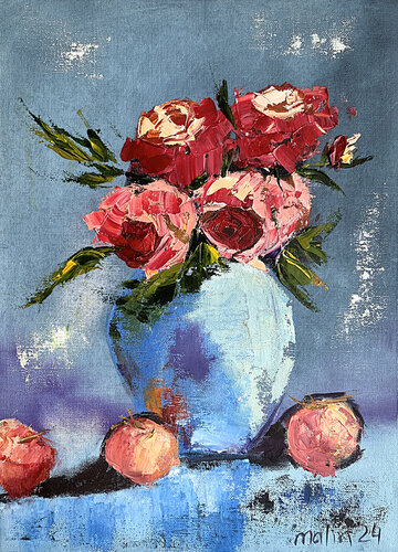 Red flowers in a turquoise vase. par Tatiana Malinovscaia, Peinture en vente sur Singulart