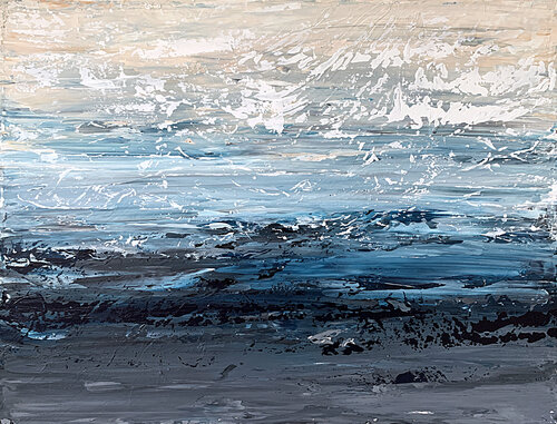 Misty Waters    Navy BLUE LANDSCAPE GRAY WHITE indigo von Tatiana Malinovscaia, Malerei kaufen auf Singulart