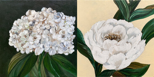 MACRO Flowers  set of two, diptych.  Peony and hydrangea par Tatiana Malinovscaia, Peinture en vente sur Singulart