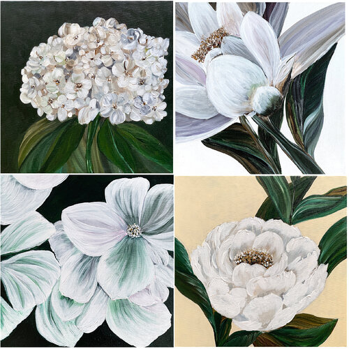 Whispers of Bloom: Elegant Floral Quartet par Tatiana Malinovscaia, Peinture en vente sur Singulart
