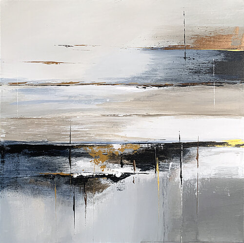 Melody of Light and Shadow. Gold Indigo Grey White par Tatiana Malinovscaia, Peinture en vente sur Singulart