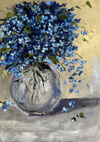 Whisper of Forget-Me-Nots: Symphony of Blue and Yellow par Tatiana Malinovscaia, Peinture en vente sur Singulart