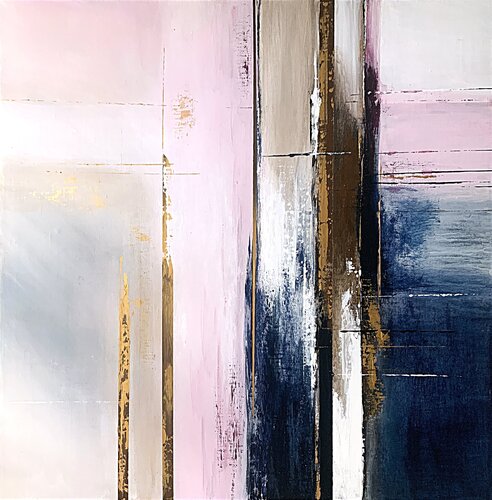 Pink abstraction with navy white brown gold accents von Tatiana Malinovscaia, Malerei kaufen auf Singulart