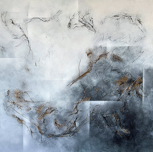 Whispers of the Clouds. Payne's grey golden texture Artwork par Tatiana Malinovscaia, Peinture en vente sur Singulart