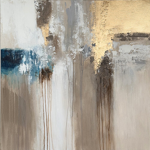 Harmony. Warm beige Gold and Blue par Tatiana Malinovscaia, Peinture en vente sur Singulart