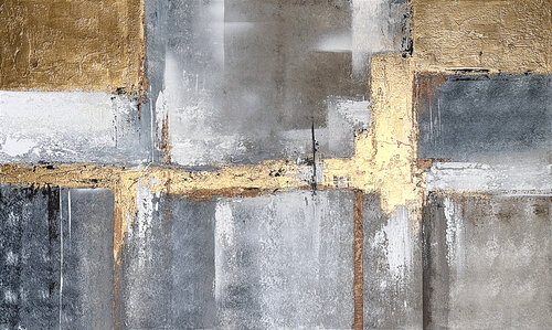 Golden Fractures. Large Landscape Gold Neutral Beige Gray par Tatiana Malinovscaia, Peinture en vente sur Singulart