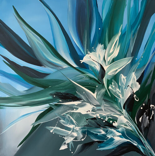 Azure Bloom – Large Abstract Botanical Acrylic Painting on Canvas, Blue & Green Tones Tatiana Malinovscaia