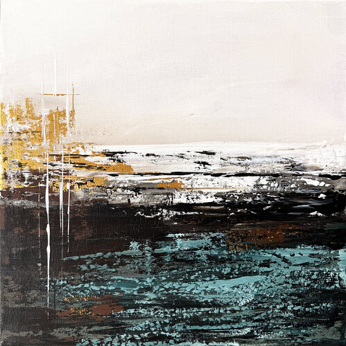 Ocean's Embrace. Gold turquoise umber White par Tatiana Malinovscaia, Peinture en vente sur Singulart