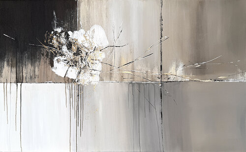 Rythmes. Sand beige, warm ivory, smoky grey, gold and deep charcoal paint. van Tatiana Malinovscaia, Schilderij te koop op Singulart