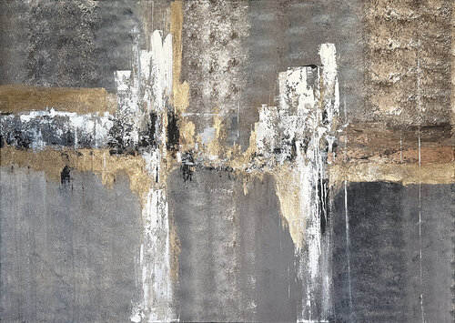 Golden Pulse. Large Landscape Gold Neutral Beige Gray de Tatiana Malinovscaia, Pintura a la venta en Singulart
