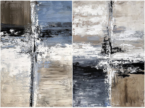 Neutral Abstract Diptych – Beige, Blue, Black, Large Textured Painting on Canvas by Tatiana Malinovscaia, Painting for Sale on Singulart