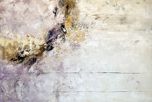 Golden Ochre Drift in Lavender Mist – Abstract Cream & Ochre Painting par Tatiana Malinovscaia, Peinture en vente sur Singulart