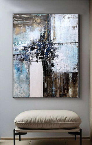 Large Abstract Painting in Blue and Earth Tones – Modern Acrylic Art on Canvas 80x100cm van Tatiana Malinovscaia, Schilderij te koop op Singulart