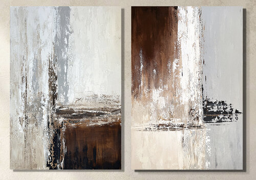 Rhythm of Elements – Large Abstract Diptych in Earth and Neutral Tones by Tatiana Malinovscaia, 絵画 for Sale on Singulart